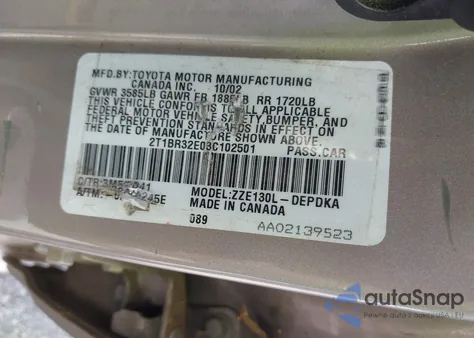 2003 Toyota Corolla Ce from USA, damaged, VIN 2T1BR32E03C102501